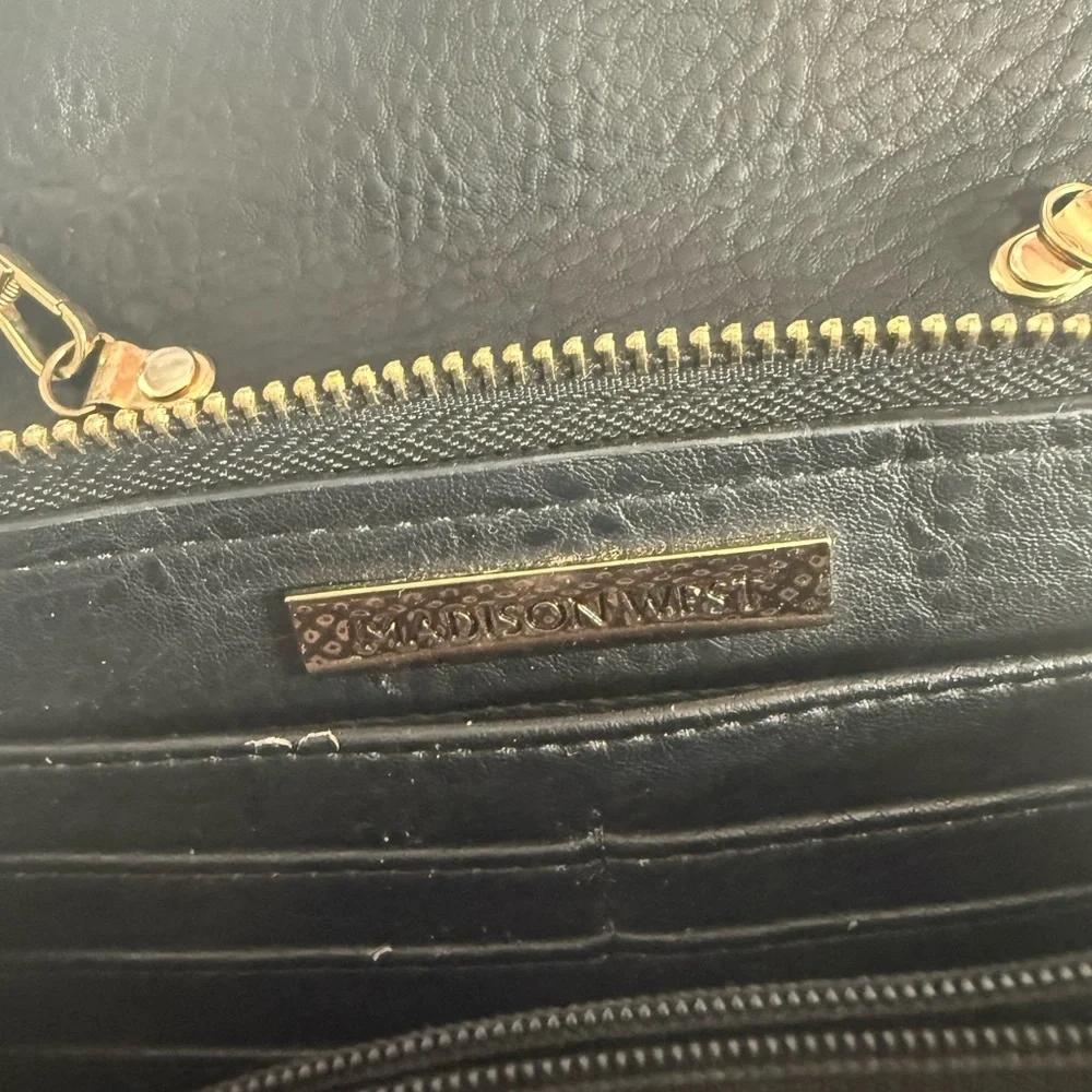 Black Leather Modern Wristlet Clutch Purse